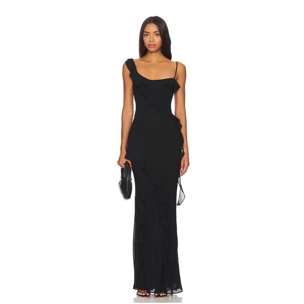 MAJORELLE Teagan Chiffon Gown with Ruffle Trim in Black Size Large